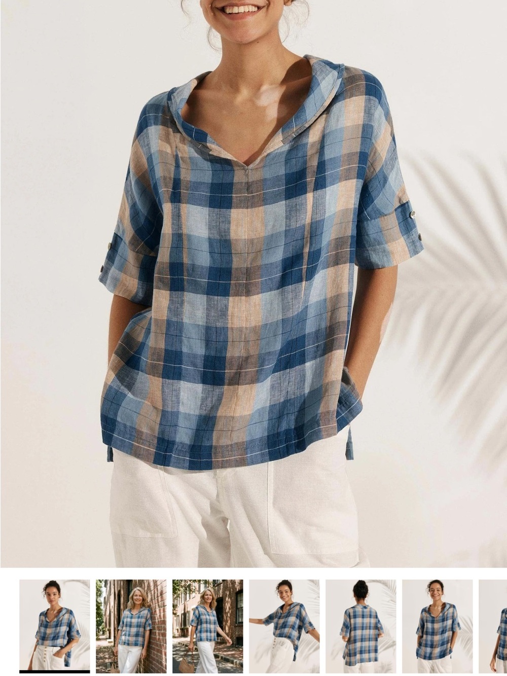 Blue and Cream Plaid Button-Down Top - Picture 6 of 7